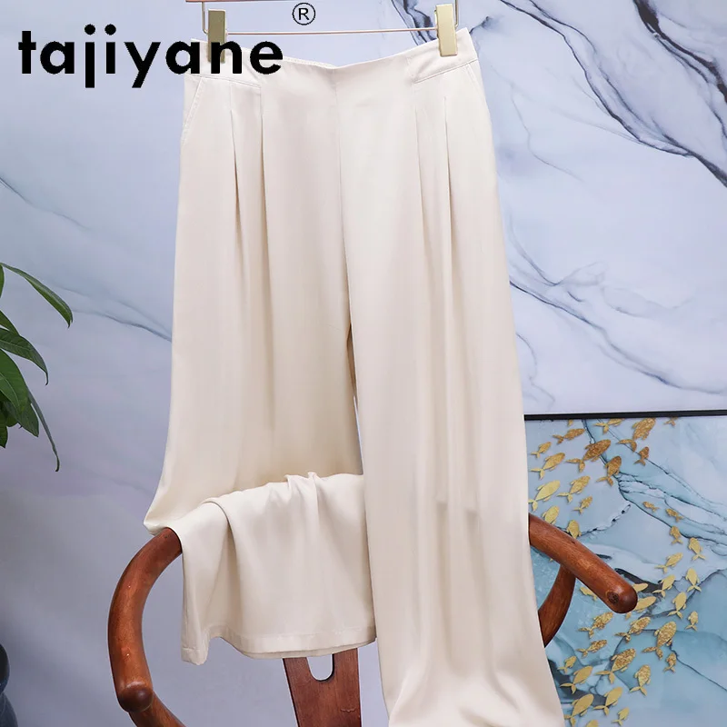Tajiyane Wide-leg Pants Women's Heavyweight Double Joe Stretch Silk Pants  Elastic Waist Loose White Pants Women Trousers FCY124