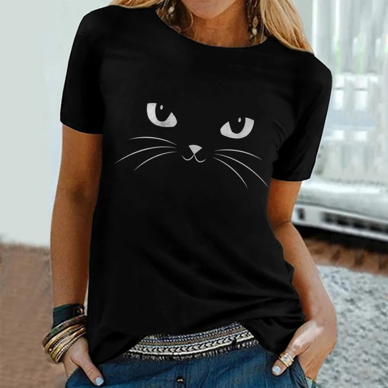 

Cat Print Summer Women T Shirt Short Sleeve O-Neck Casual Tops Tee Fashion Ladies Streetwear Size Loose Pullover Tee Shirt 2022