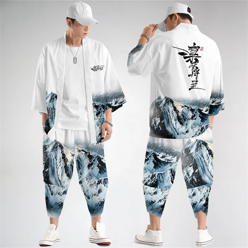 Two-piece Suit Oversize S-6XL Loose Japanese Cardigan Women Men Cosplay Yukata Clothing Harajuku Samurai Kimono + Pants Sets 2