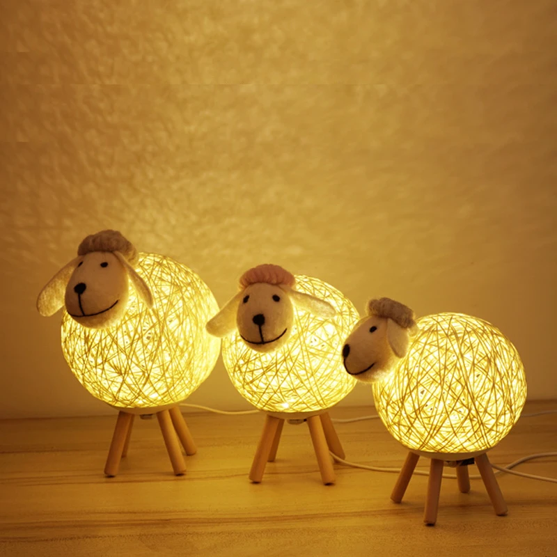 Sheep LED Night Light Hand-woven Lampshade Moon Lamp Cute Sleep Bedroom Bedside Decoration Animals Night lamp