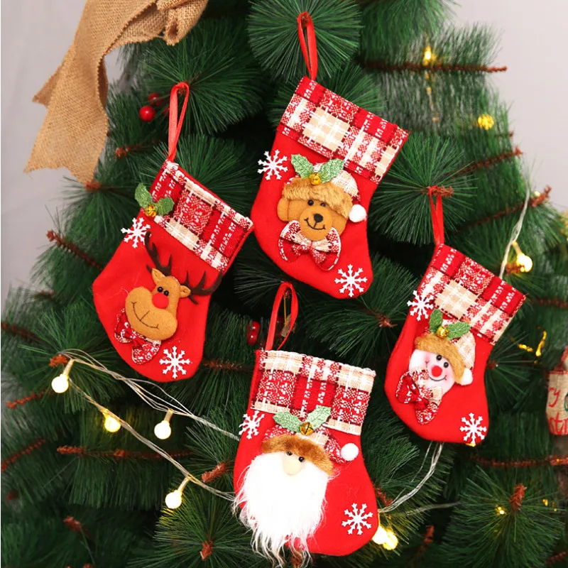 2023 Creative Christmas Tree Decorative Gift Santa Claus Small Socks Small Gift Bag Decal Plaid Christmas Socks Gift Bag