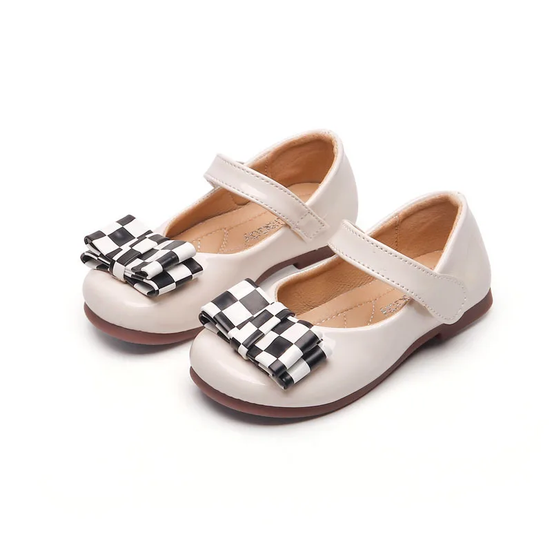 

Girls Leather Shoes 2022 Spring Autumn Fashion Kids Checkerboard Flats Shoes Children Bow Casual Shallow Shoes for Party Wedding