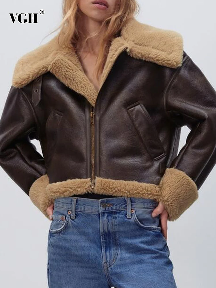 VGH Double Faced Fur Jacket For Women Lapel Long Sleeve Patchwork Zipper Casual Hit Color Temperament Jacket Female Autumn New