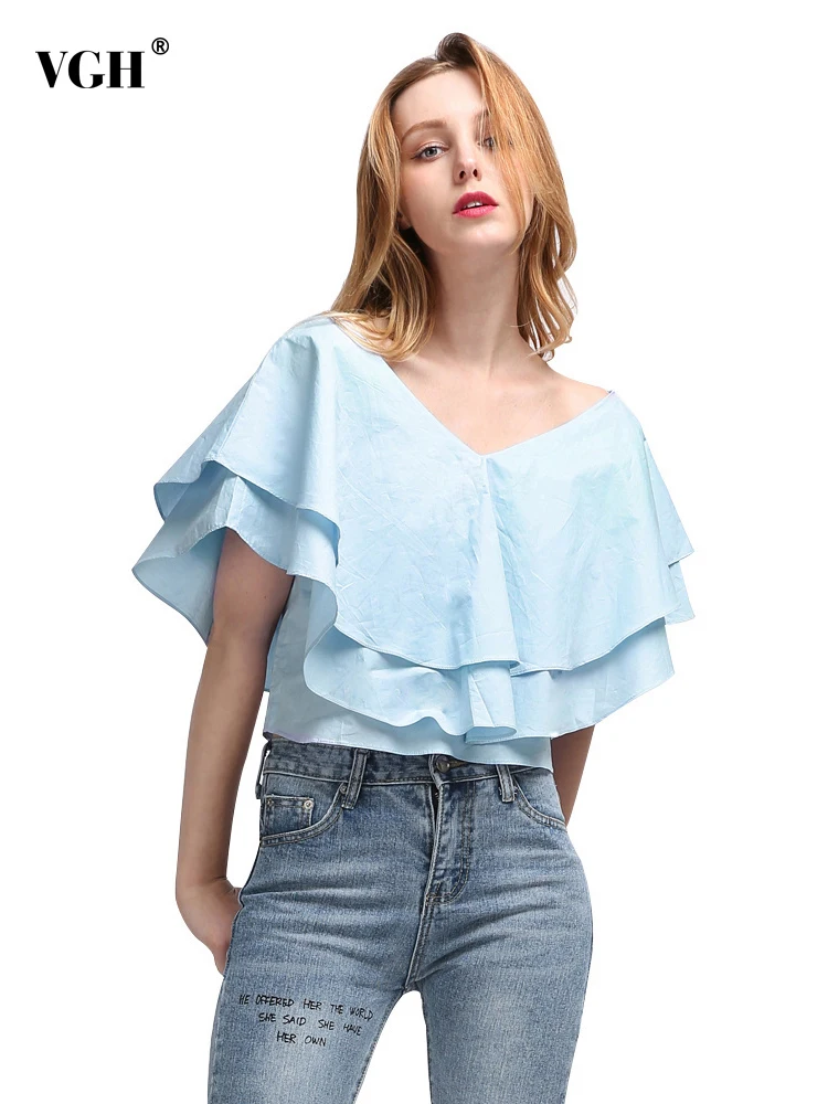 

VGH Solid Elegant Shirts For Women Slash Neck Short Sleeve Oversized Patchwork Ruffle Blouses Female 2022 Fashion New Clothing