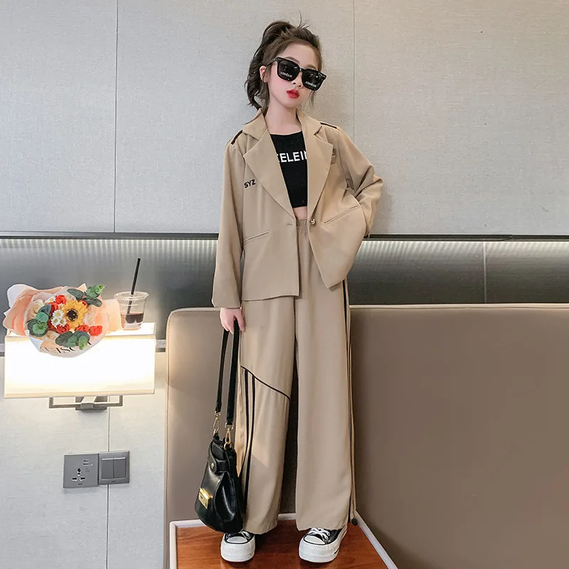 

School Kids Clothes Set Spring Autumn Khaki Blazer Pants Two Pieces Teenager Children Costumes 12 13 14 Years Casual Girls Suit