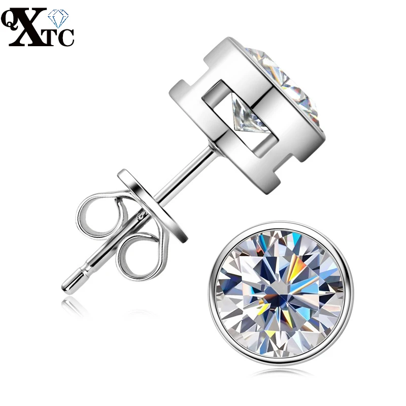 

QXTC Moissanite Diamond Bezel Setting Stud Earrings For Women Certified 925 Sterling Silver Trendy Fine Anniversary Jewelry