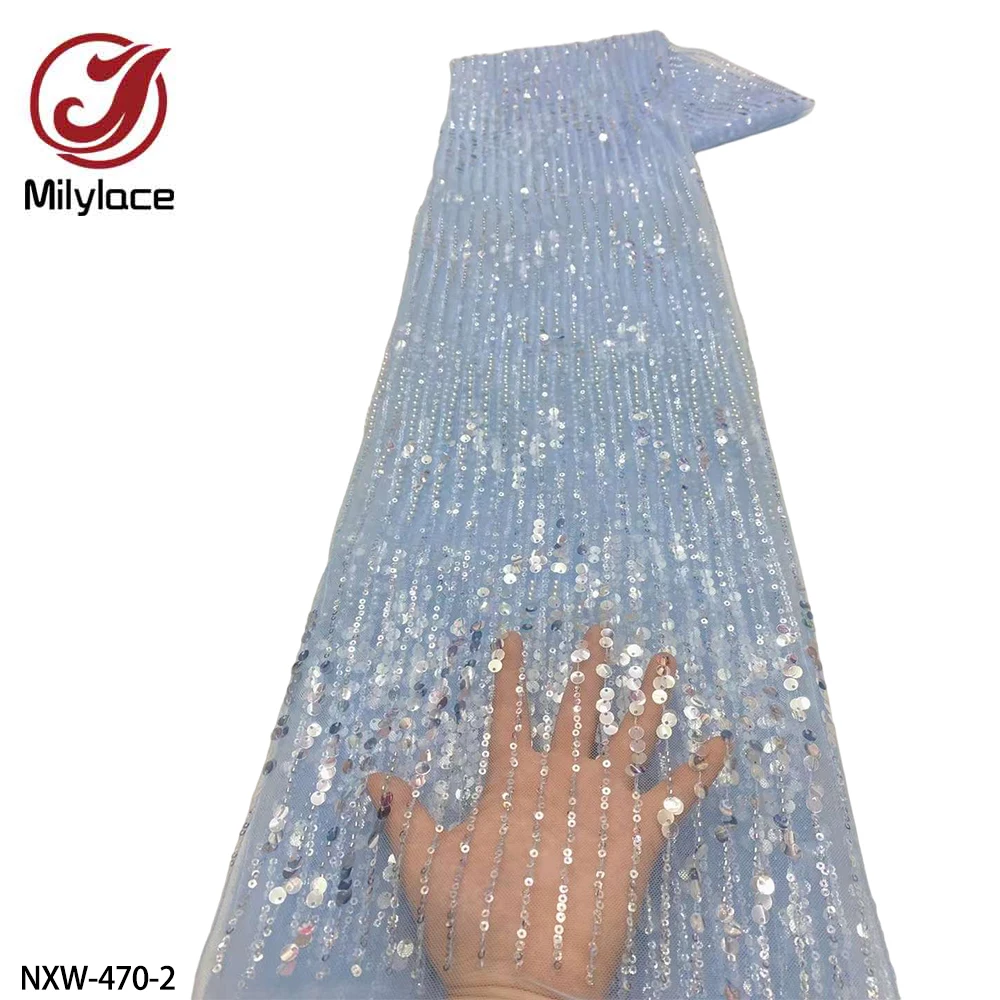 

High Quality Lace Sequins Beaded Embroidered Lace Materials African Materials Lace Fabric 5 Yards Wedding Dress NXW-470