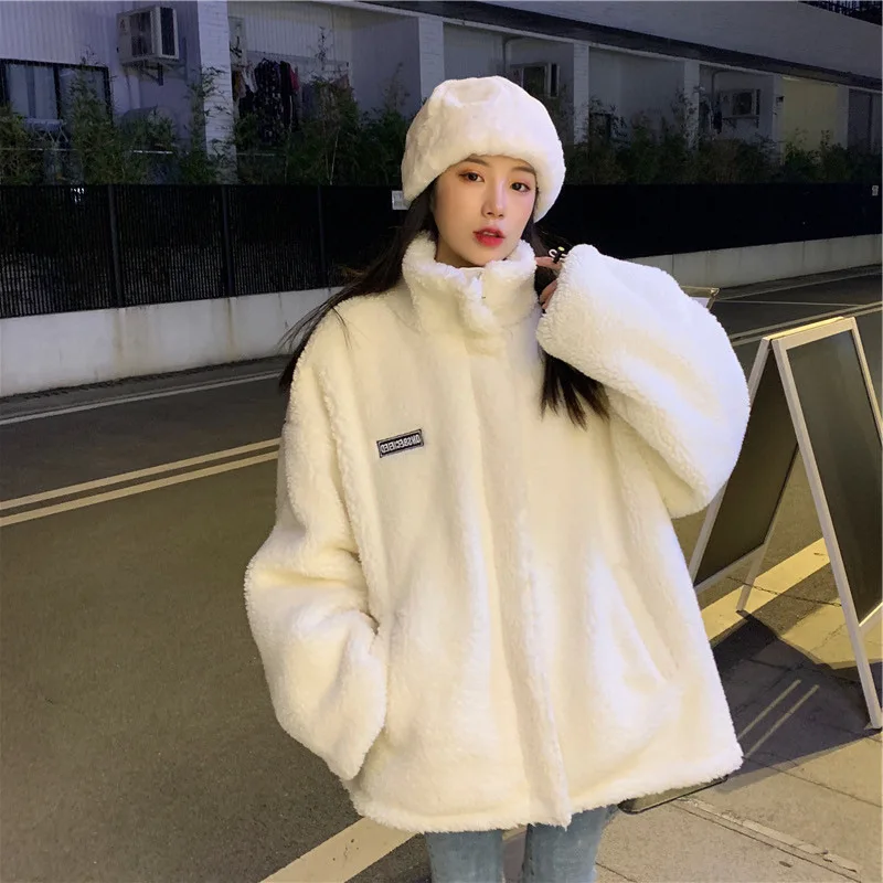 

Lamb Wool Coat Women's Autumn Winter Thick Embroidery Versatile Lambskin Cotton Jacket Korean Loose Casual Jacket Cotton Jacket