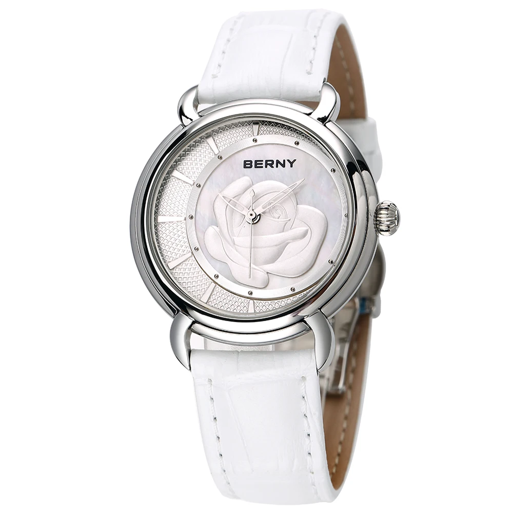 BERNY Quartz Luxury Women Watch Wristwatch Leather Strap Elegant Female Design Flower Waterpoof Fashion Diamond Watch for Ladies