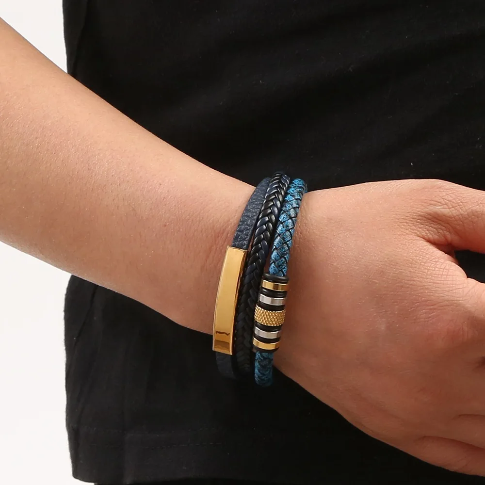 

New Trendy Leather Stainless Steel Braided Bracelet Punk Cool Multilayer Leather Bracelet for Men Birthday Gift