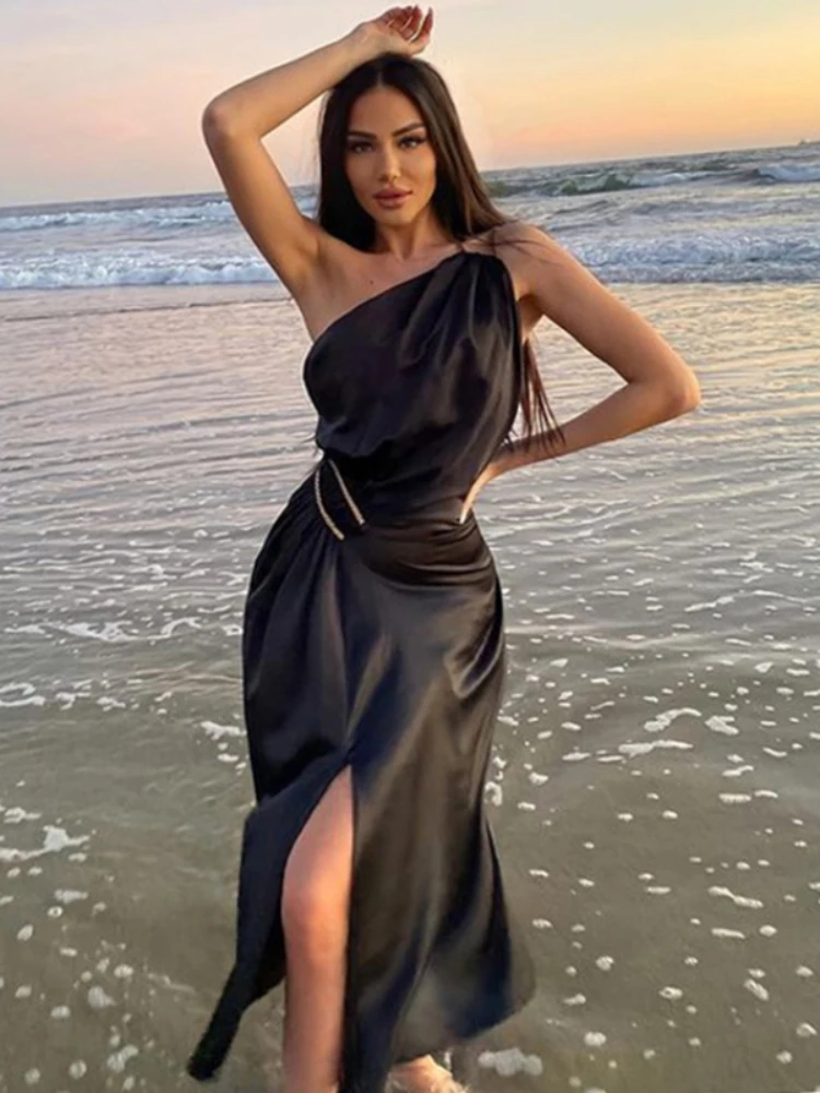 

One Shoulder Solid Color High Waist Slit Backless Dress Women 2022 Silk Exotic Elegant Tight Luxury Evening Sexy Summer Dresses