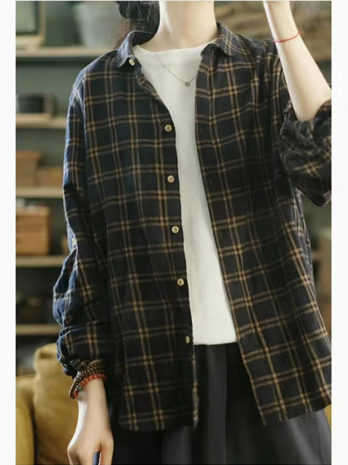 2024 Spring and Autumn New Retro Artistic Simple Loose Casual Plaid Top Shirts Cotton Women