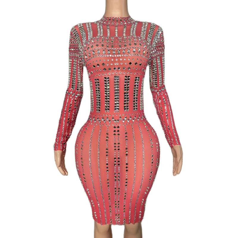 

Women Sparkly Crystal Rhinestones Fringe Short Dress Sexy See Through Nightclub Party Birthday Dress Performance Show Stage Wear