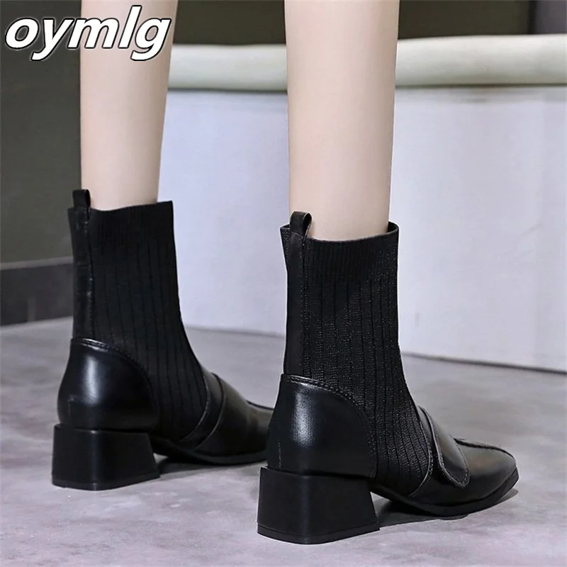 2022 new autumn and winter square head knitted thick heel short boots women's square head thin women's boots trend