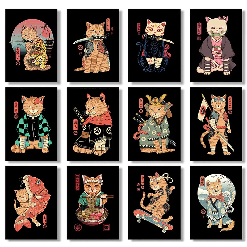 

Cosplay Neko Samurai Cat Ramen Nostalgia Poster 80s Vaporwave Style Painting Wall Art Home Decor Kawaii Room Decor Canvas Poster