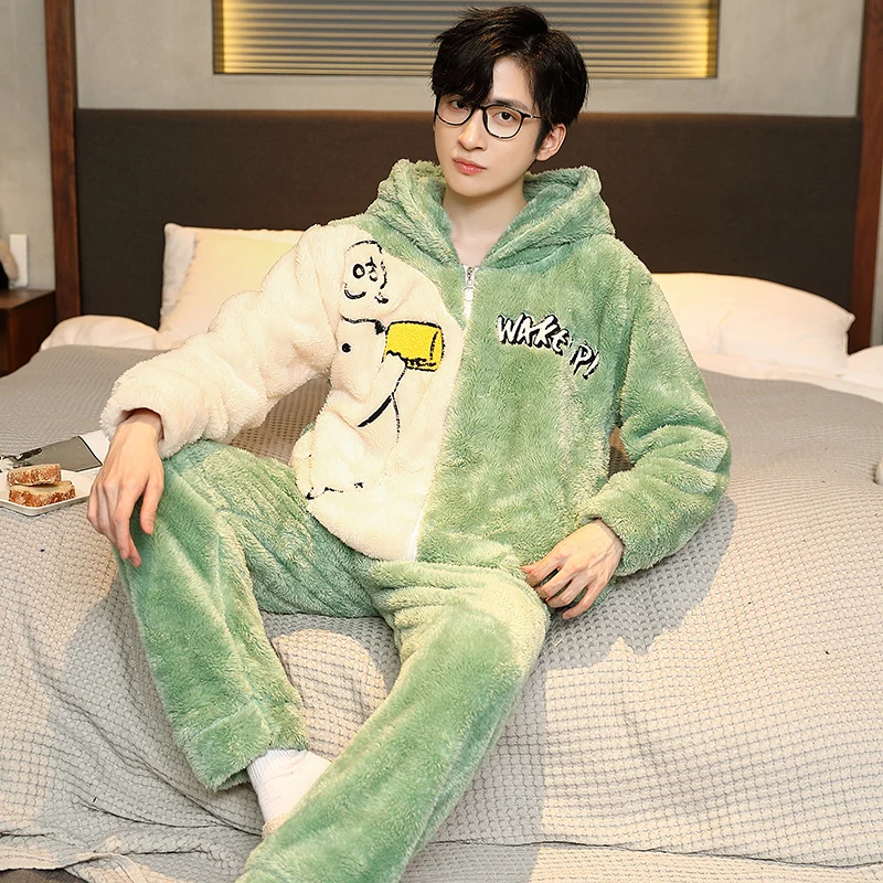 QUHENGCoral Fleece Man Pajamas Set Winter Warm Large Size Flannel Home Clothes Autumn Sleepwear Thick Warm Nightwear Homewear