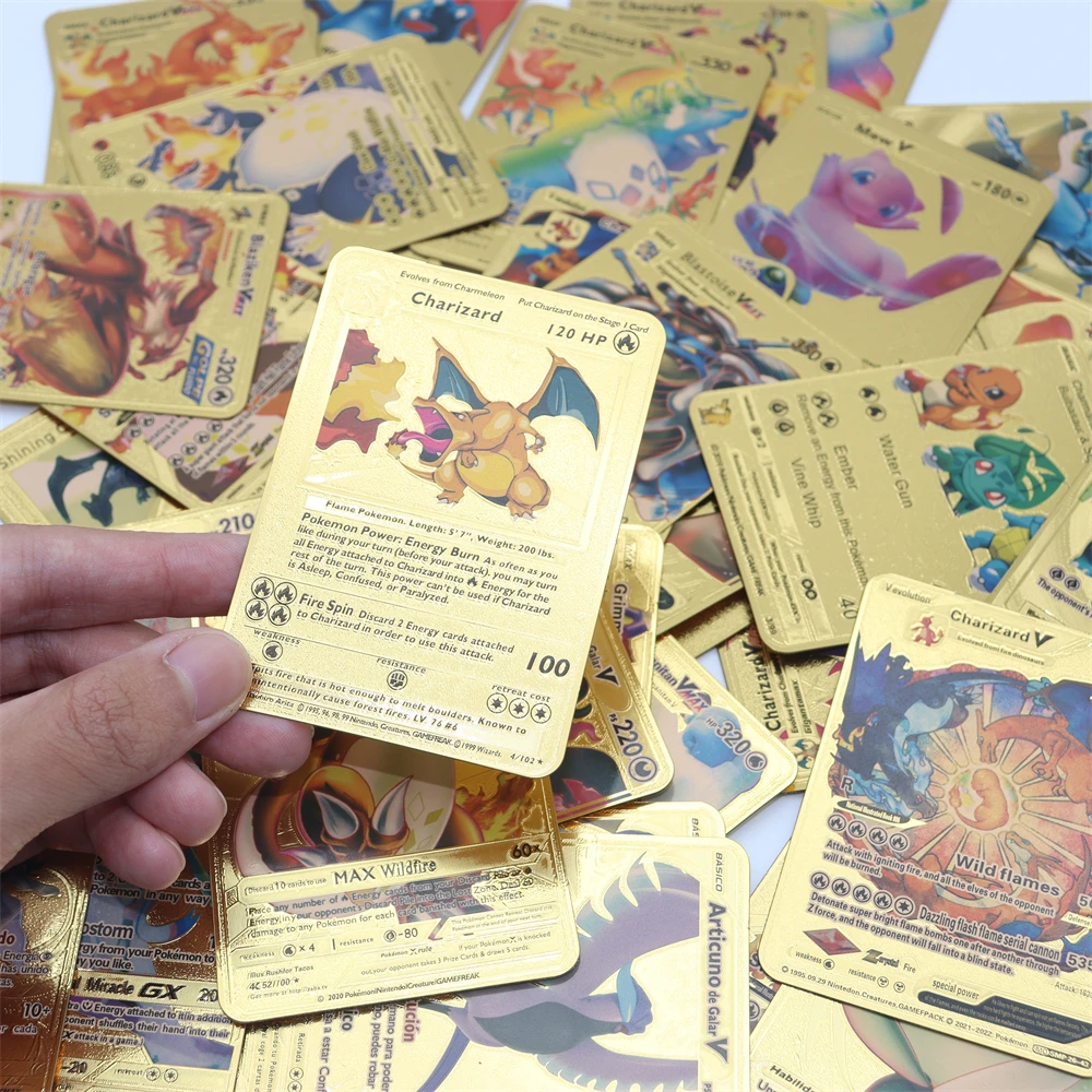 

55pcs Pokemon Gold Card Box Golden Letters Spanish English Playing Cards Metalicas Charizard Vmax Collection Game Case Pack Toys