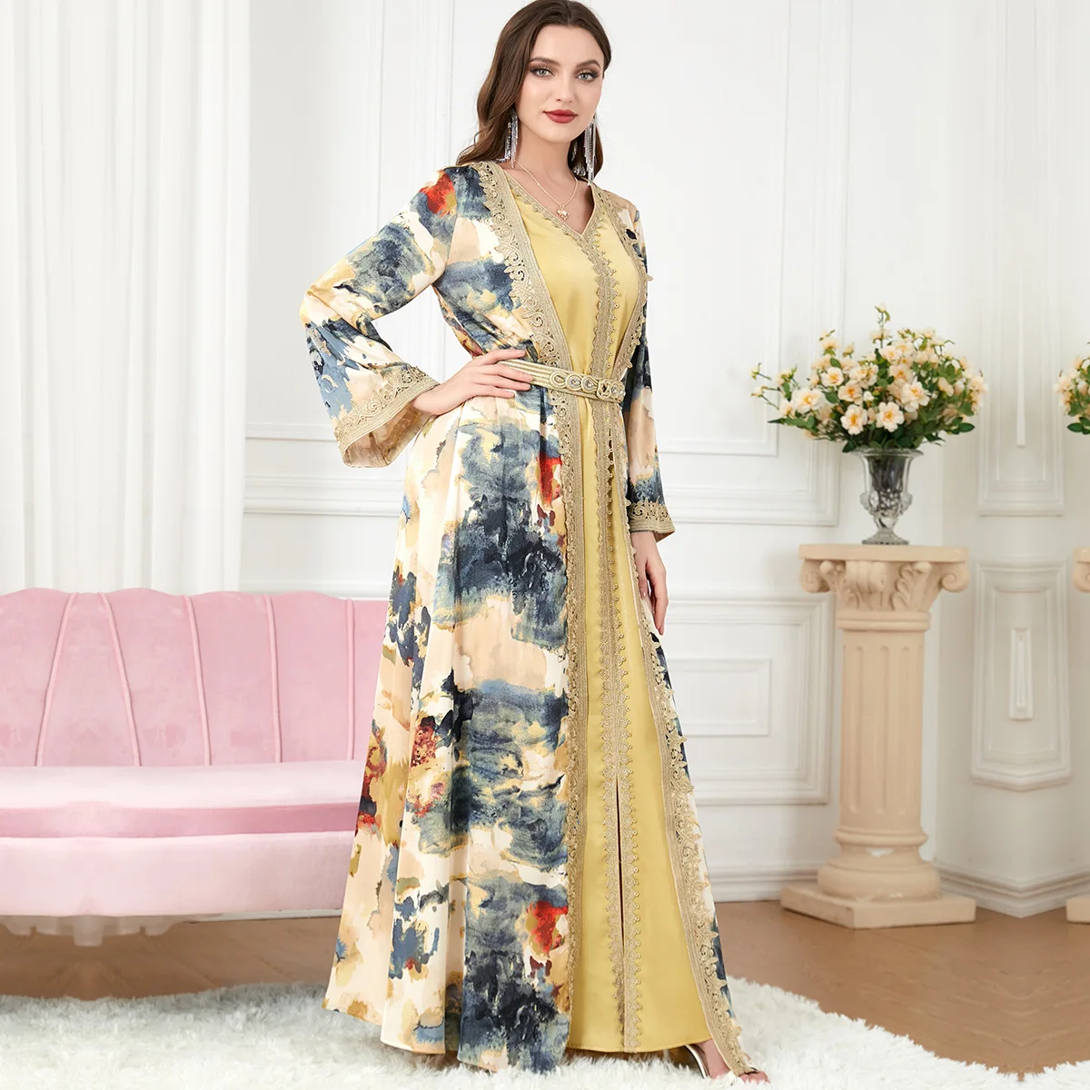 Elegant Floral Printed Guipure Lace Panel Belted Dress Luxury Two-piece Long Dresses Abayas For Women Muslim Sets Ramadan