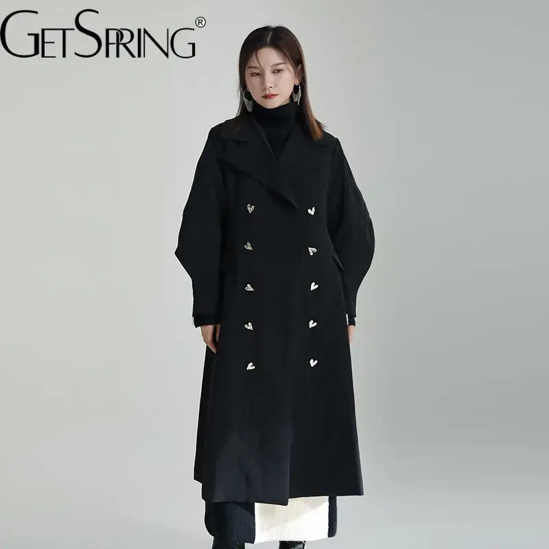 

Тренчкот GetSpring Женский, элегантный двубортный Модный черный ветровка с пышными рукавами, зимнее пальто