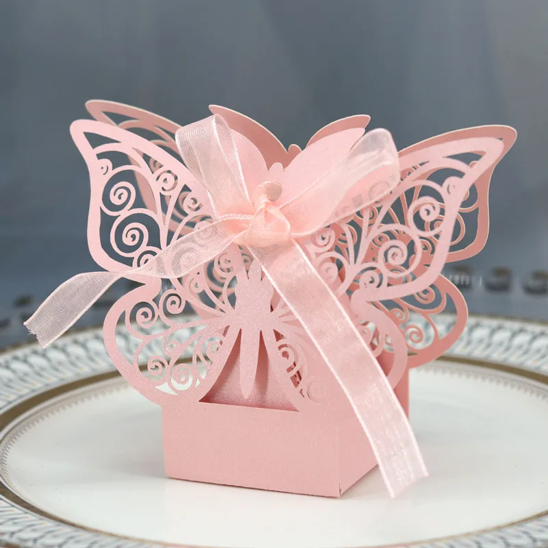 

50/100Pcs Butterfly Laser Cut Hollow Wagon Gift Box Candy Box With Ribbon Baby Shower Wedding Party Supplies Packaging Box