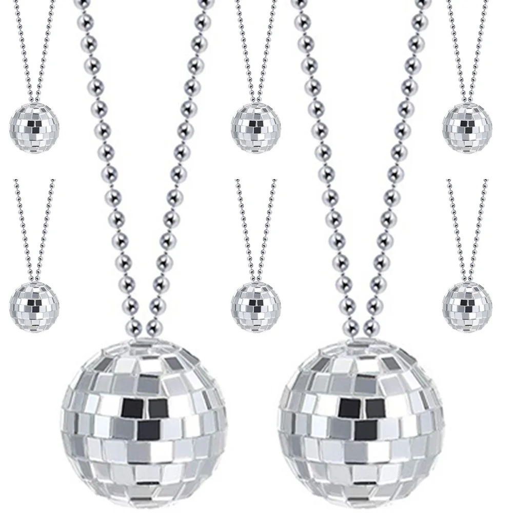 

10pcs Costume Ball Disco Necklaces 80s 70s Party Decoration Mirror Ball Necklace Silver Accessories Dance Birthday Supplies