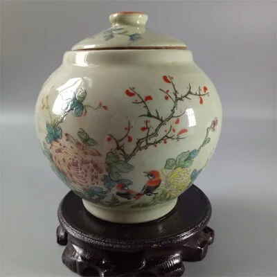 

Exquisite antique pastel flower and bird lidded jar ornament