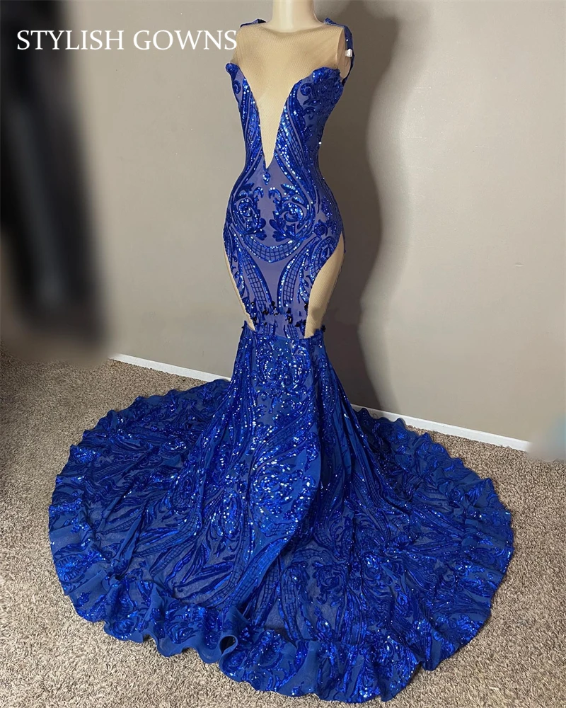 

Royal Blue Sheer O Neck Long Prom Dress For Black Girls Sparkly Sequined Birthday Party Gowns Evening Dresses Mermaid Robe De Ba