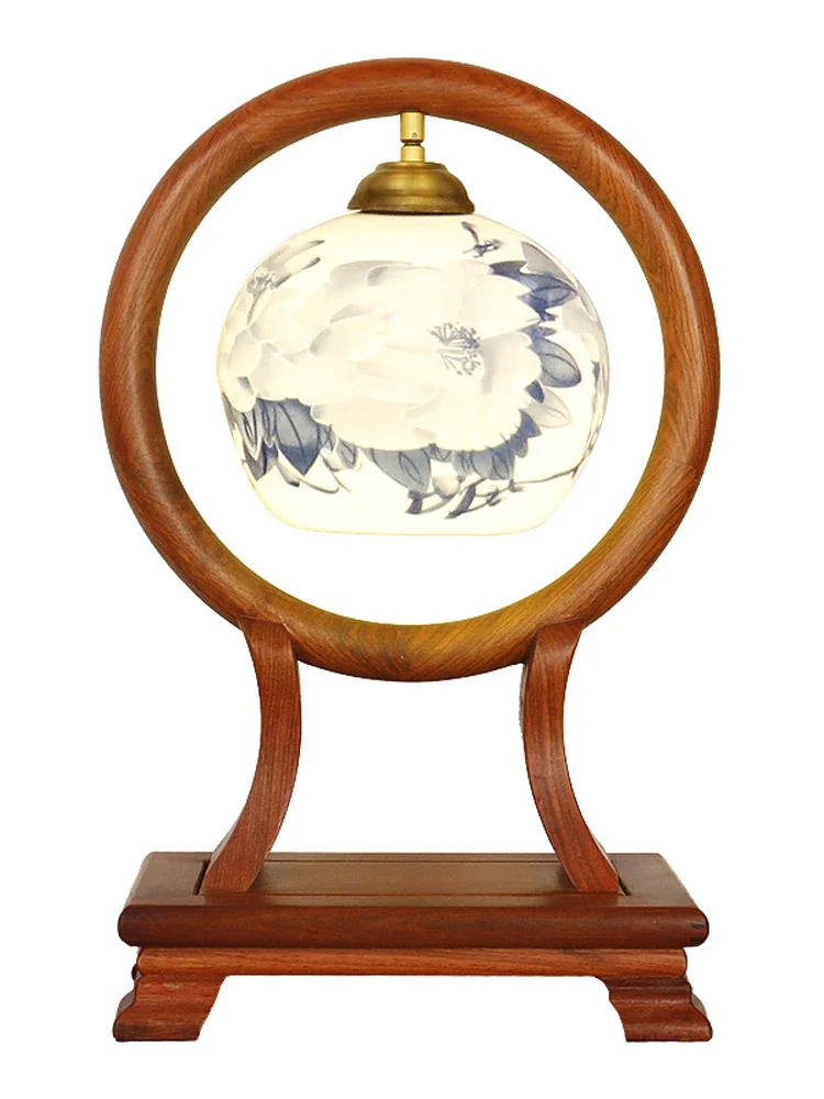

Xl Bedside Lamp Bedroom Desk Lamp Solid Wood Mahogany Blue and White Porcelain Decorative Table Lamp