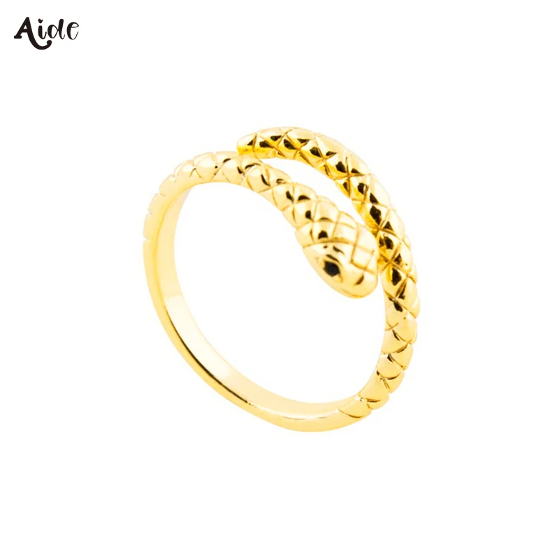 Aide Presale Solid Gold Jewelry 9K/10K/14K/18K/24K Gold Snake Adjustable Rings For Women Rock Punk Hollow Chain Opening Rings