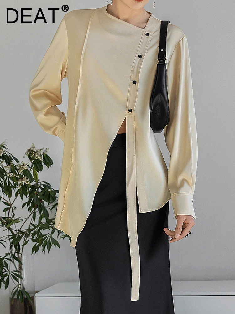 

DEAT Fashion Women's Shirt Diagonal Collar Single Breasted Full Sleeve Ribbon Yellow Blouse Female Tide Autumn 2023 New 17A8842