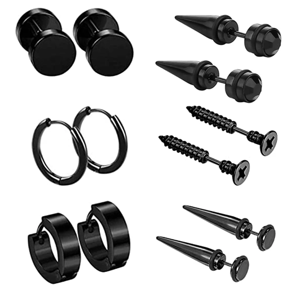 

6 Pairs Black Stainless Steel Earrings Set Punk Spike Screw Ear Stud Huggie Hoop Earrings Rock Street or Daily Wear