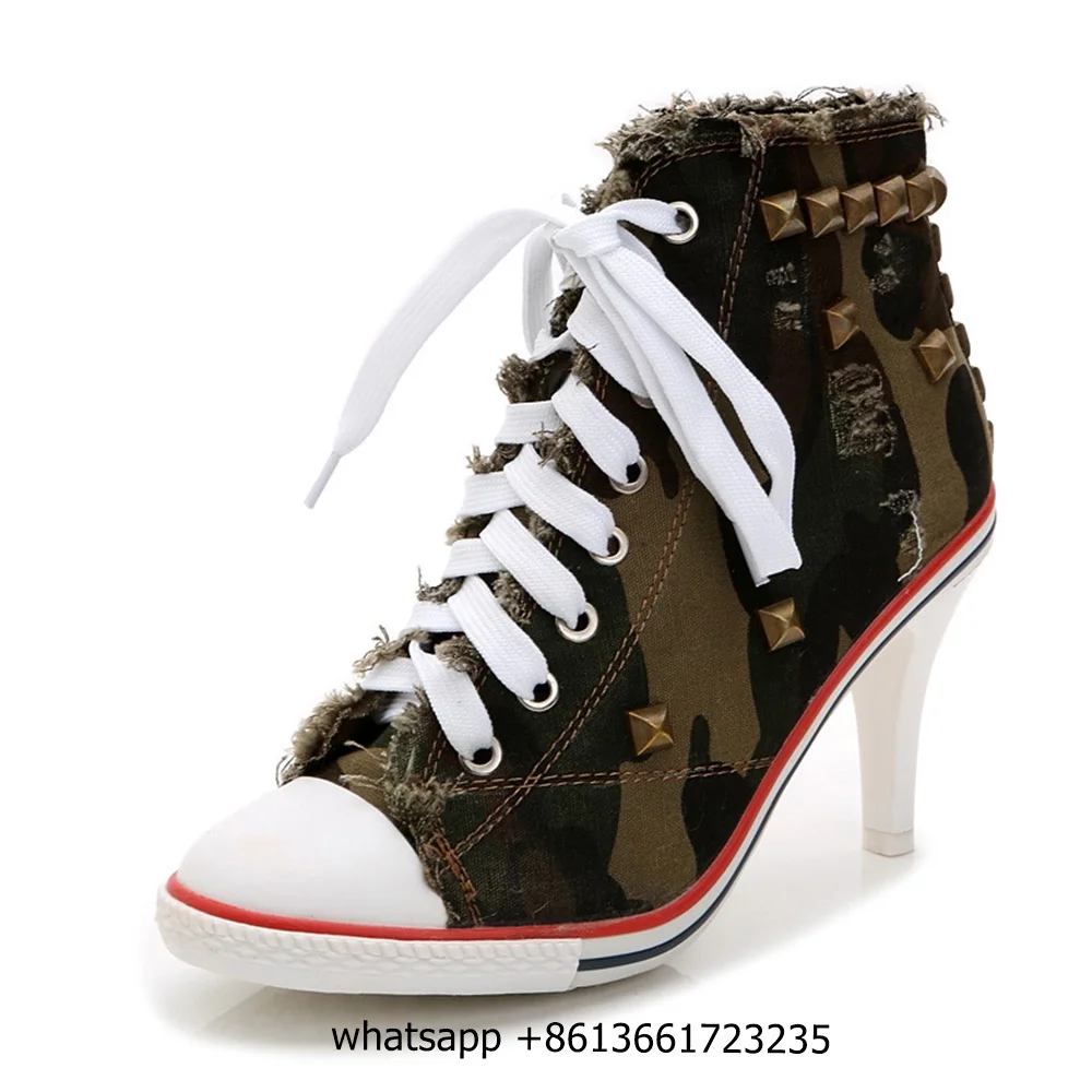 

New Round Toe Women's Shoes Denim High Heels Rivet Handmade Canvas Shoes Casual Fashion Women's Novel Hige Heels