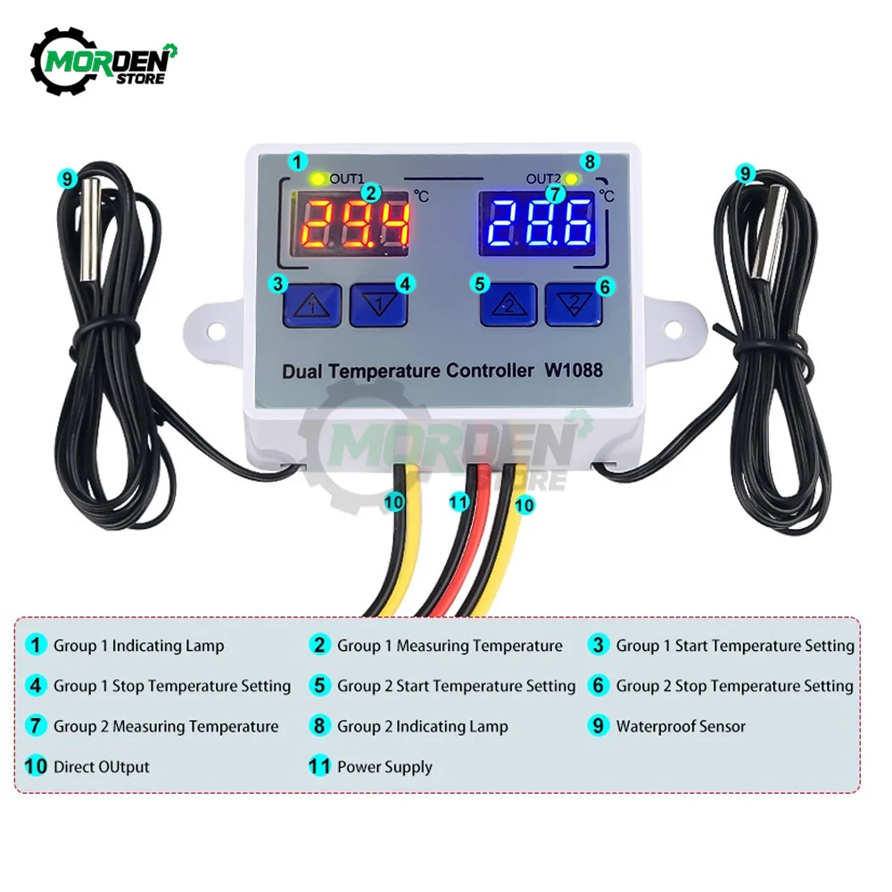 

W1088Thermoregulator Dual LED Temperature Sensor Meter Controller Heating Thermostat 220V Aquarium Incubator for Industrial Tool