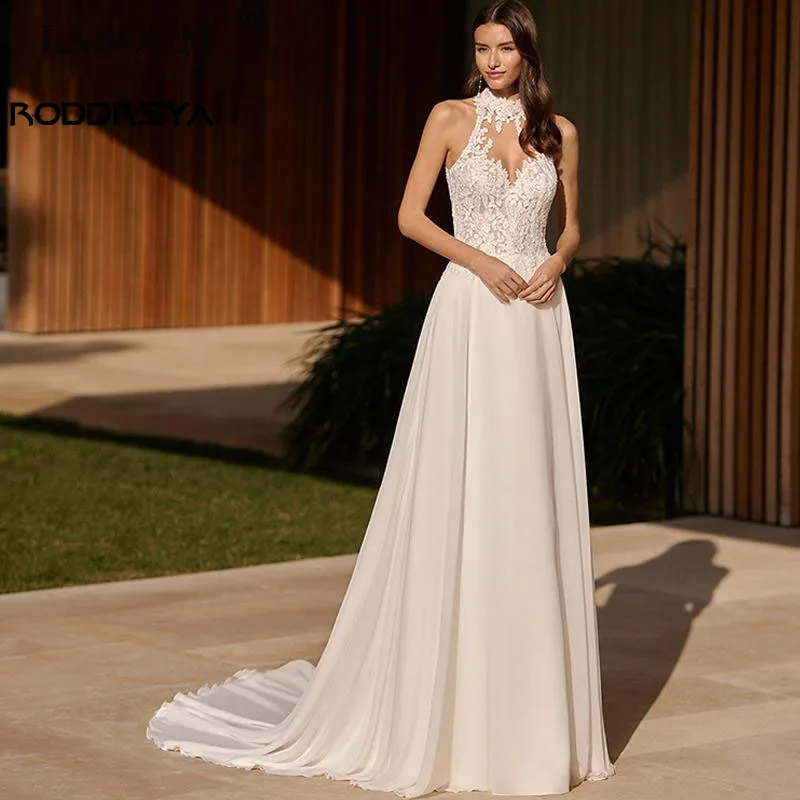 

RODDRSYA Classic A-Line High Neck Wedding Dresses 2023 Elegant Sleeveless Lace Appliques Open Back Bridal Gowns Custom Made