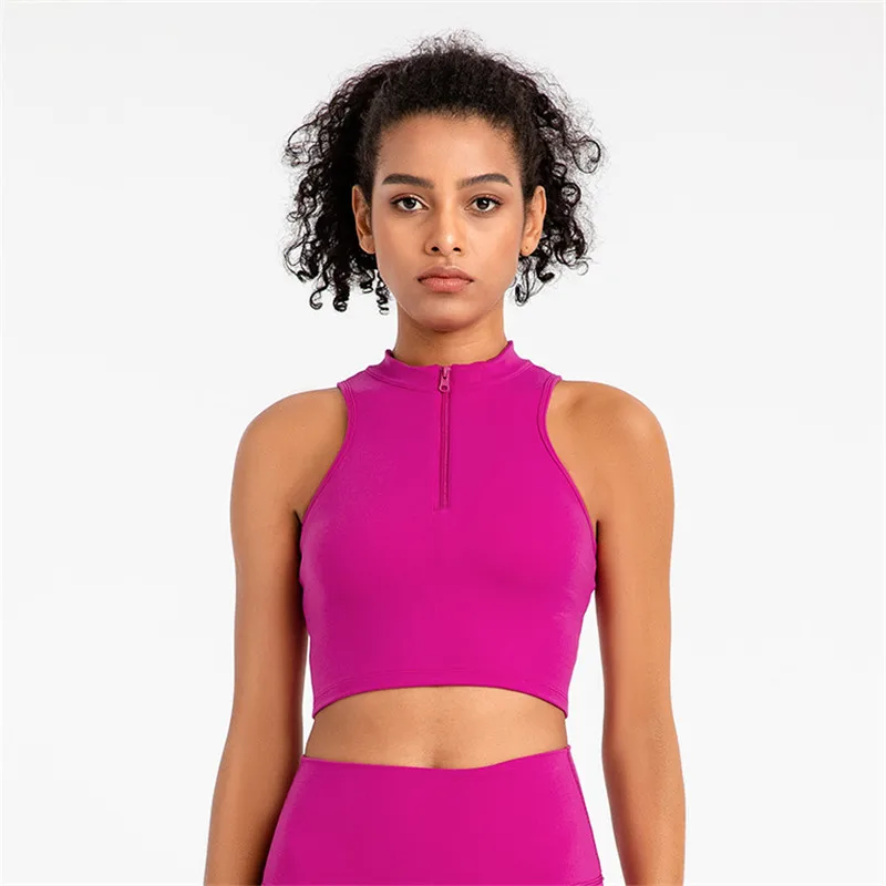 Solid Color Zip Top Women Fitness Bra Gym Tank Top Yoga Vest Athletic Brassiere Sports Chest Pad Comprehensive Training Jogging