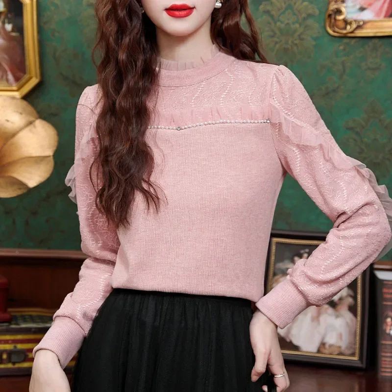 Модная кружевная женская блузка с длинным рукавом рюшами и бисером рубашка