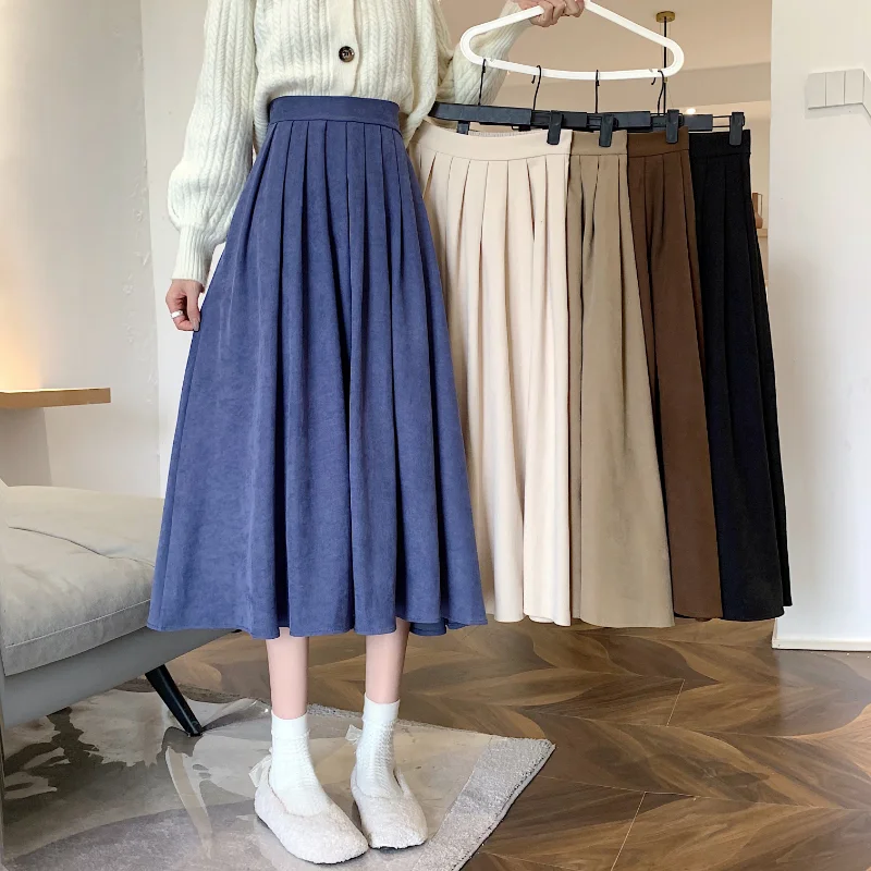 

WDMSNA Fashion High Waist Pleated Skirt Women Korean Elegant College Style Midi Skirt Ladies Autumn Winter Thick A-line Skirts