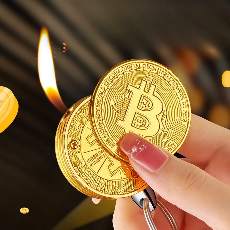 

Hot Creative Personalized Bit Gold Coin Pendant Inflatable Lighter Metal Kitchen Outdoor Metal Portable Igniter Tools Men's Gife