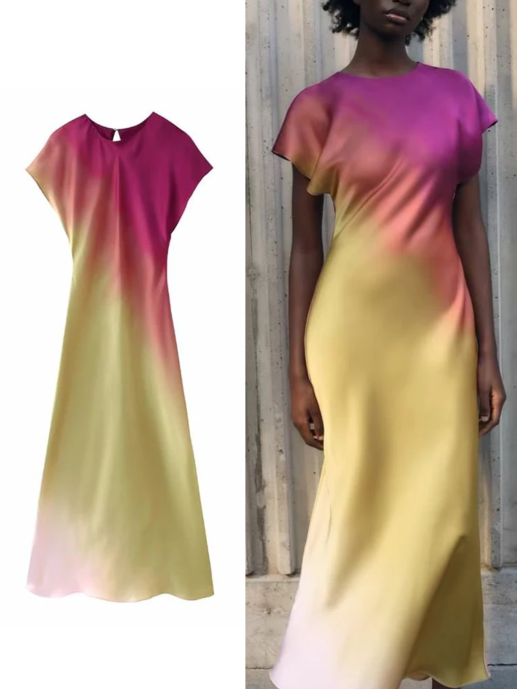 

Women New Fashion Tie-Dyed Long Dresses 2023 Spring Summer Elegant Sleeveless Folds Sweet Vestidos High Street Outwear
