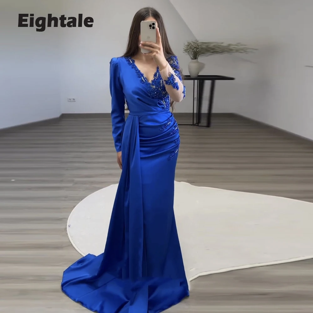 Eightale Royal Blue Evening Dress for Wedding Party Satin Beaded Pearls Long Sleeves Pleats Mermaid Prom Gowns Celebrity Dress