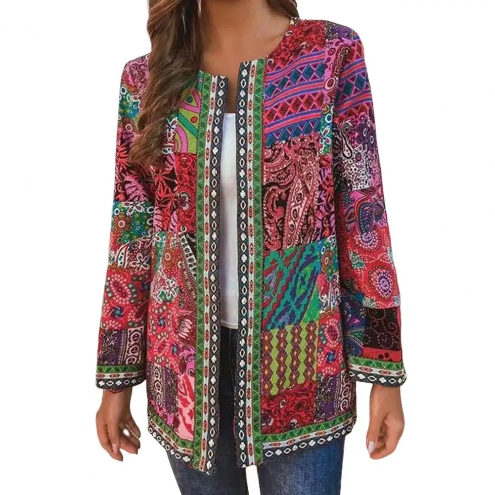 

2022 Cardigan Coat Women Autumn O-neck Long Sleeve Open Stitch Pockets Ethnic Style Retro Print Jackets Women Outerwear