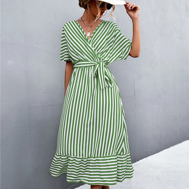 

Women Dresses Summer 2022 V Neck Floral Print Boho Beach Dress Short Sleeve Striped Print Waist Strap Overlapping Sundress Robe