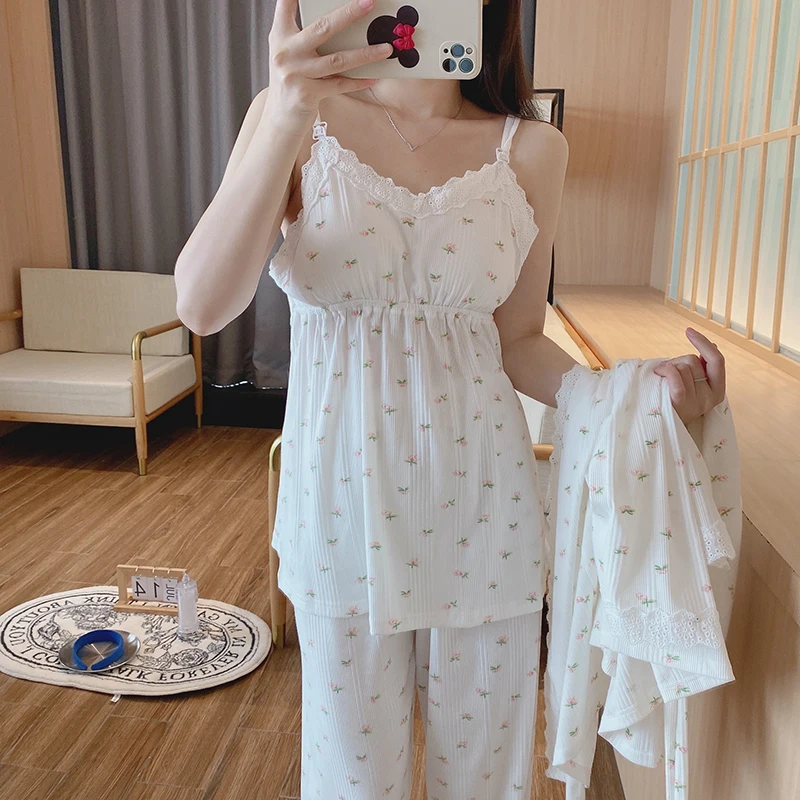 3PCS/Set Sweet Lovely Floral Printed Cotton Maternity Nursing Sleepwear Sets Pajamas Suits For Pregnancy Women Home Lounge Wear