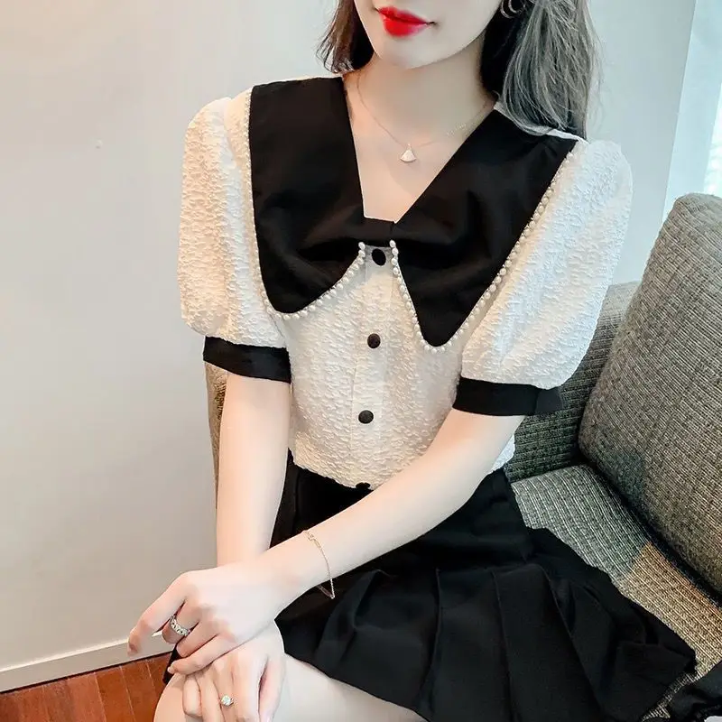 Летняя женская одежда 2024 модная шифоновая рубашка с пышными рукавами и коротким