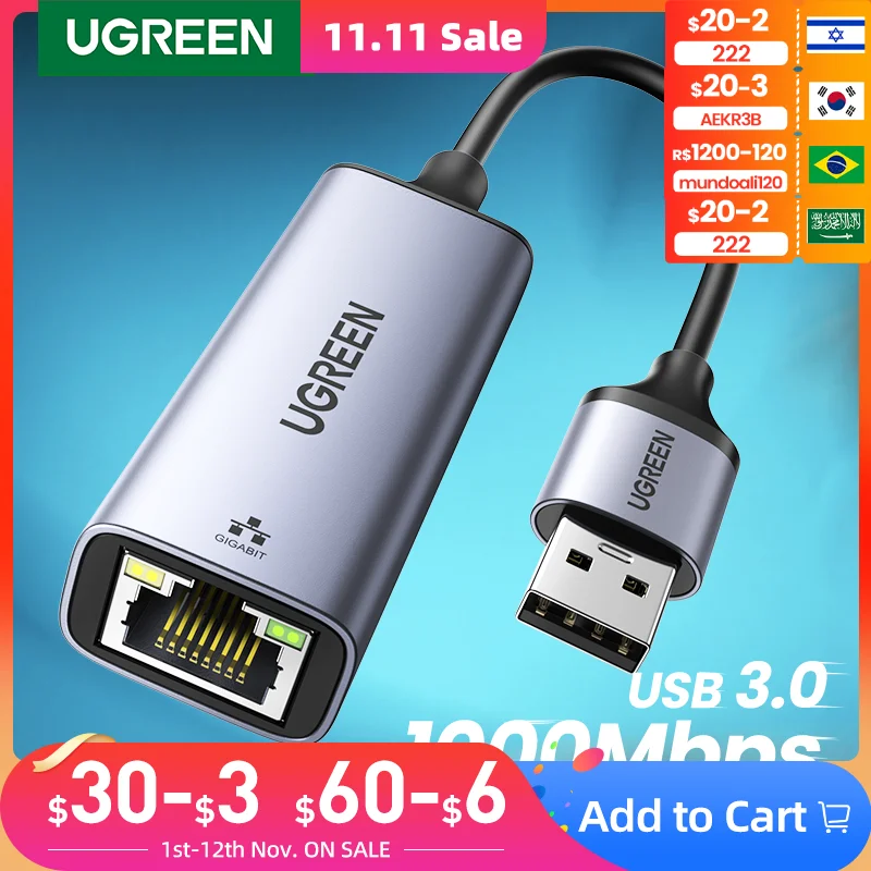 

UGREEN USB Ethernet адаптер USB3.0 1000 Мбит/с USB RJ45 для ноутбука Xiaomi Mi Box S 3 Nintendo Switch Интернет сетевая карта USB Lan