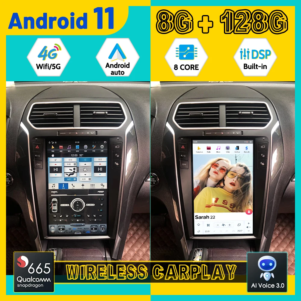 Radio con GPS para coche, reproductor multimedia con Android 11, 8 + 128G, Tesla, Carplay, estéreo, unidad principal, para Ford Explorer 2014-2019