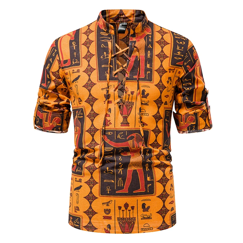 

Рубашка мужская с Африканским этническим принтом, стильная Осенняя хлопковая с длинным рукавом, Дашики, пуловер с воротником-стойкой на шну...