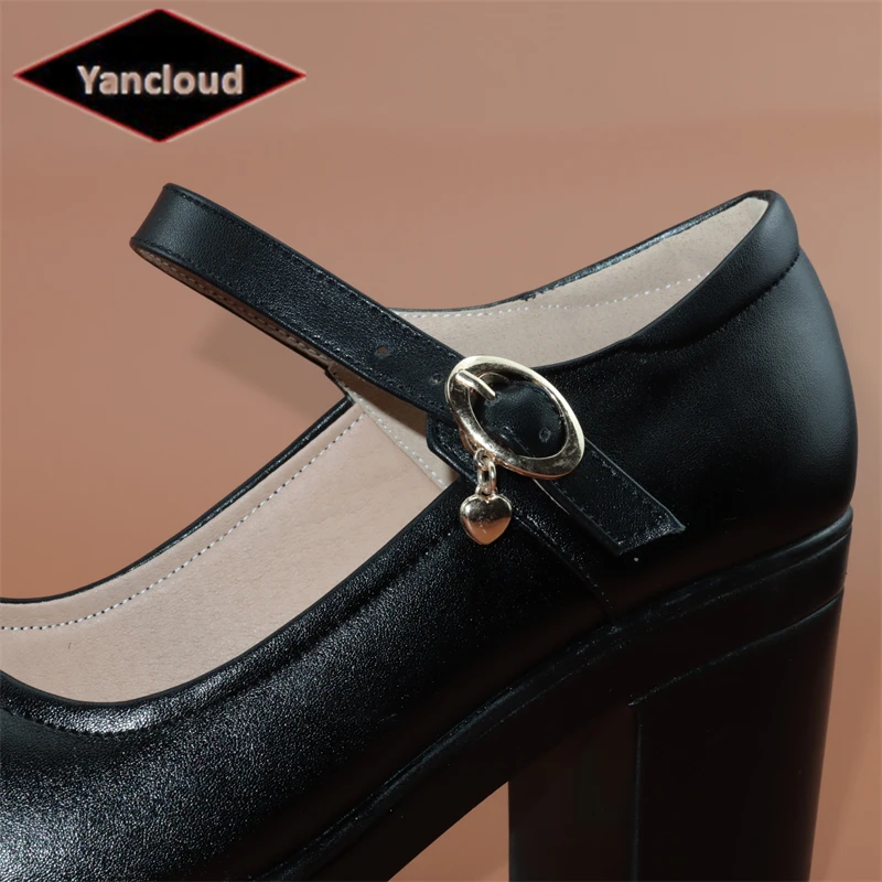 Size 33-43 Block Heel Platform Pumps Women Soft Leather Mary Janes 2023 Shallow High Heels Shoes Black for Office Mother Model