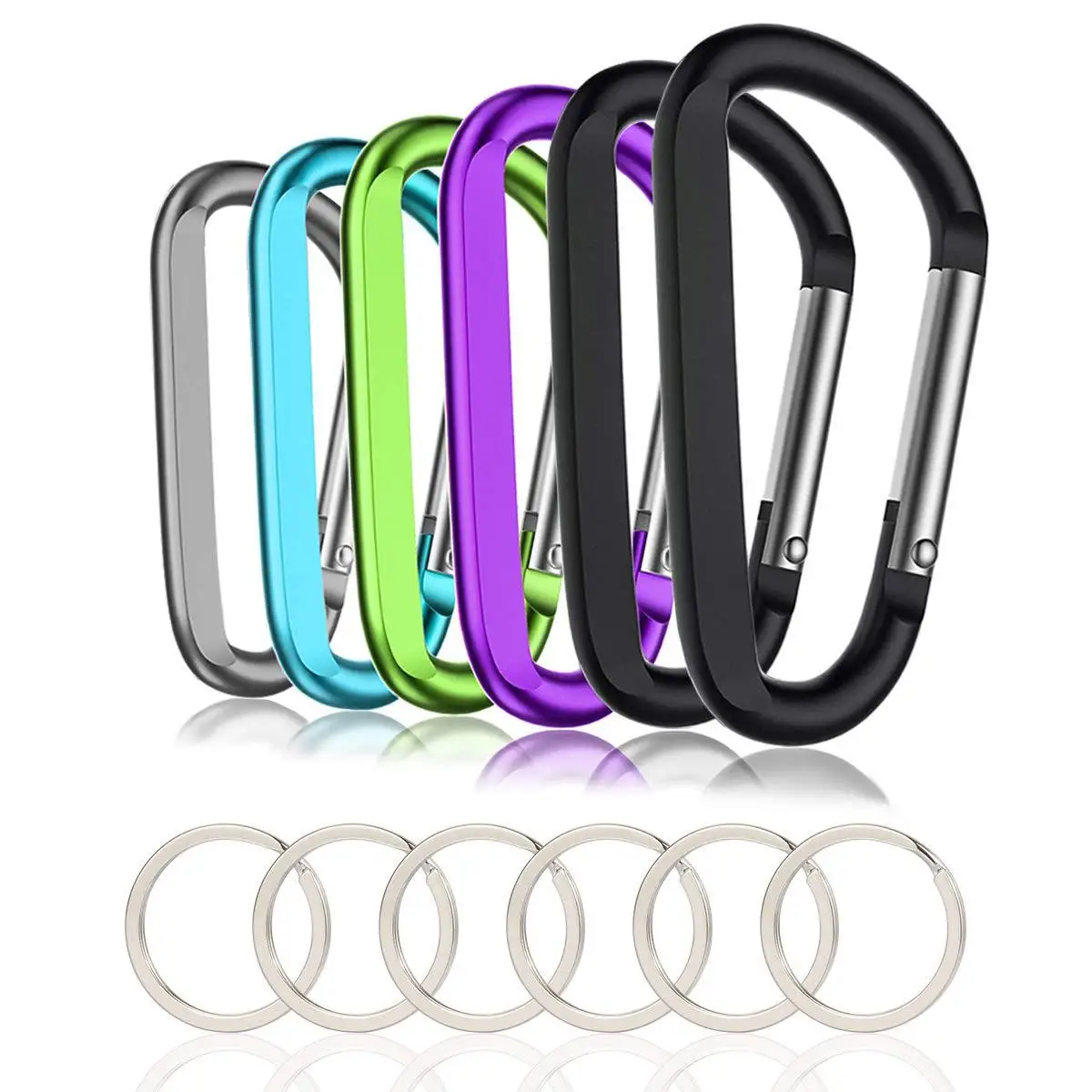 

6-Piece Black Carabiner Clips Outdoor Water Cup Buckle 3" Large Aluminum D-Ring Carabiners with 6 Key Ring Keychain Hooks