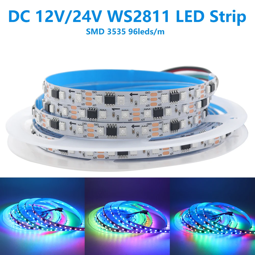 WS2811 RGB флюоресцентная лента, флюоресцентная цифровая флюоресцентная лента, 12 В/24 В постоянного тока, 3535 96 флюоресцентных элементов/м, регулируемая цифровая флюоресцентная лента, 1 интегральная схема управления 3 флюоресцентными элементами